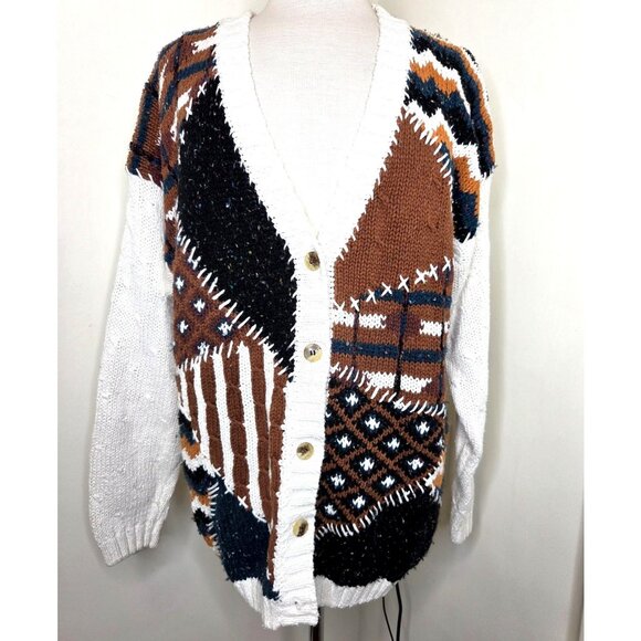 VTG Womens White Stag PATCHWORK Cardigan Sweater L White brown Black - Picture 2 of 9